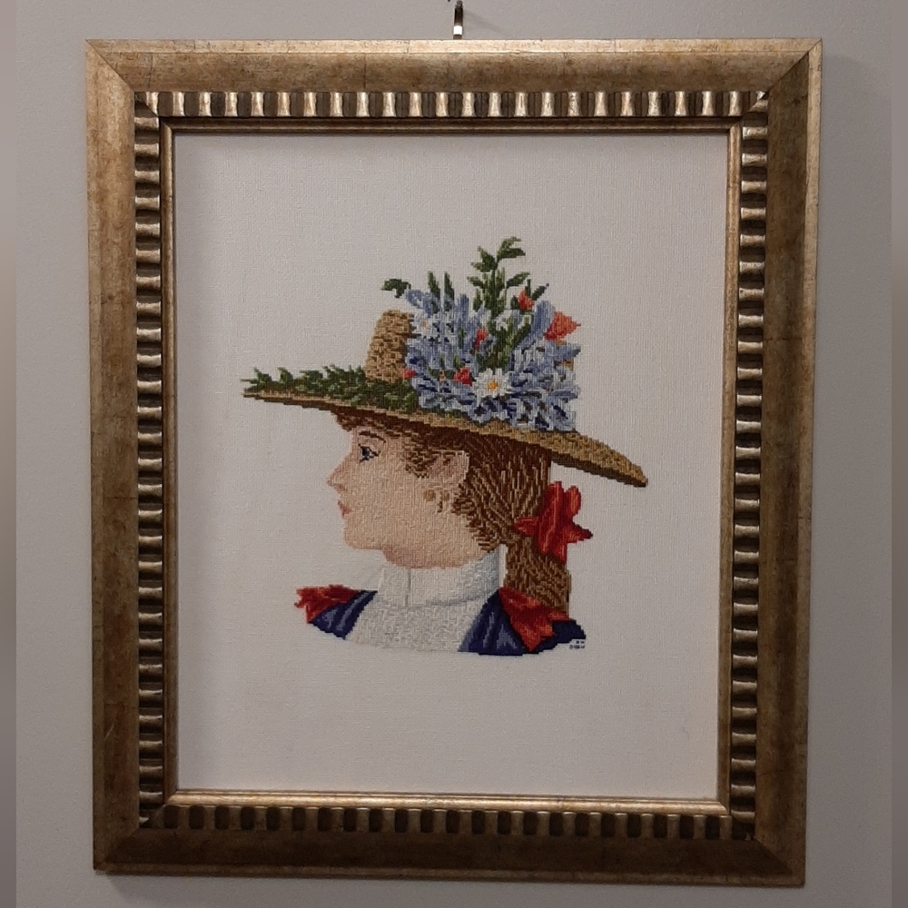 Vintage 2004 Handmade Cross Stitch Woman With Hat Framed Hanging